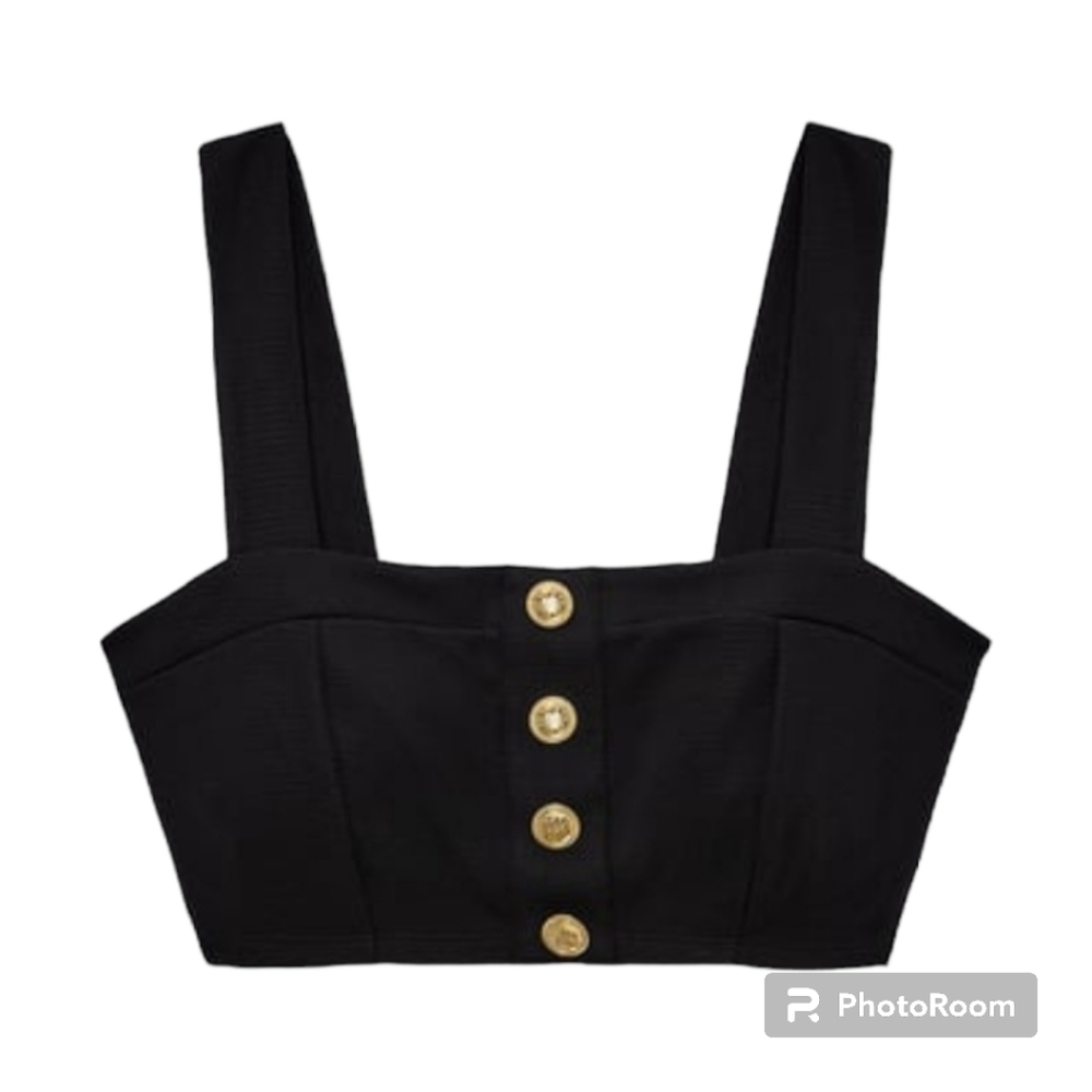 Lulus Black Button Ruched Sides Crop Top Size Small - Picture 5 of 7